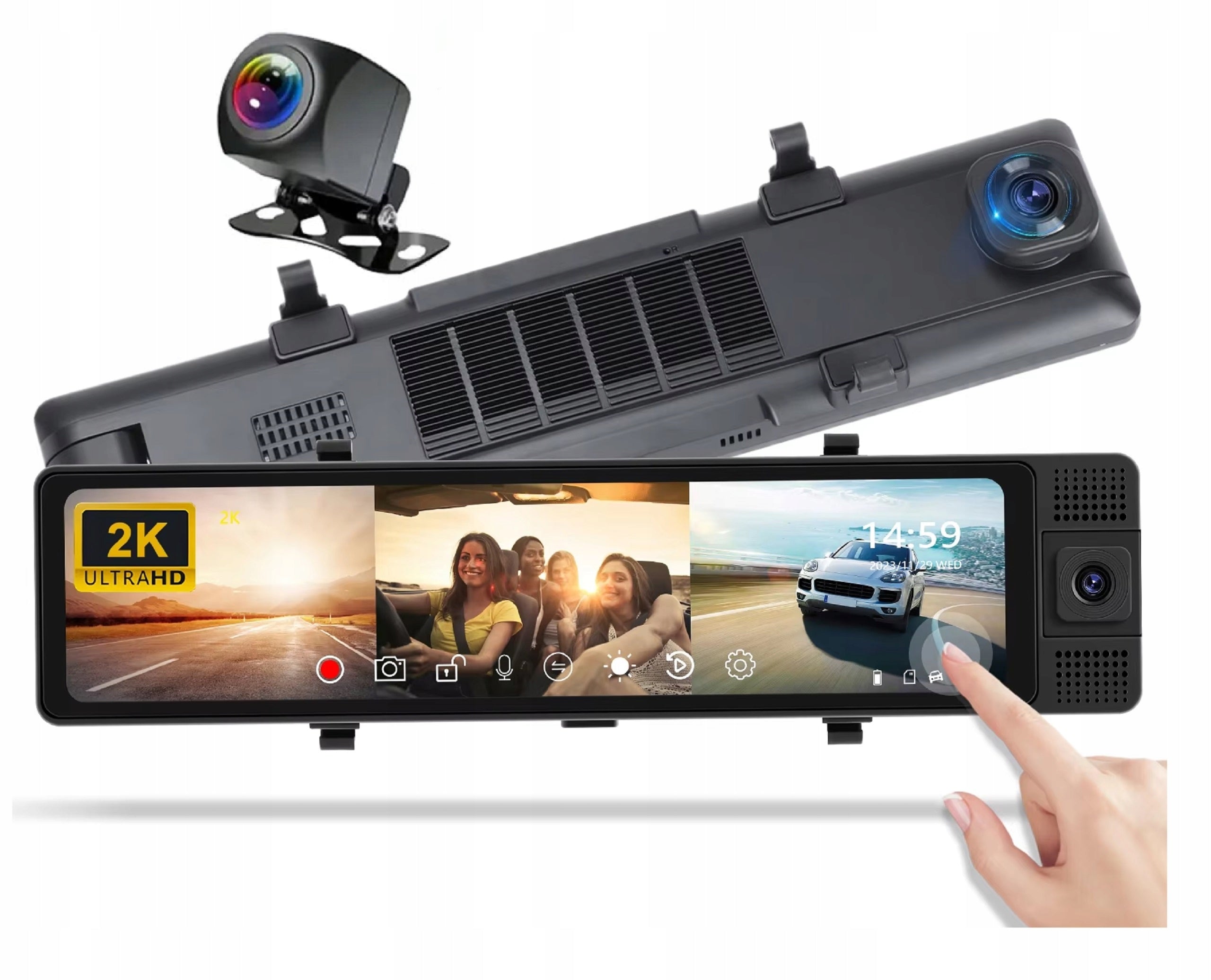 Video recorder dash cam in mirror taxi uber interior 3 cameras