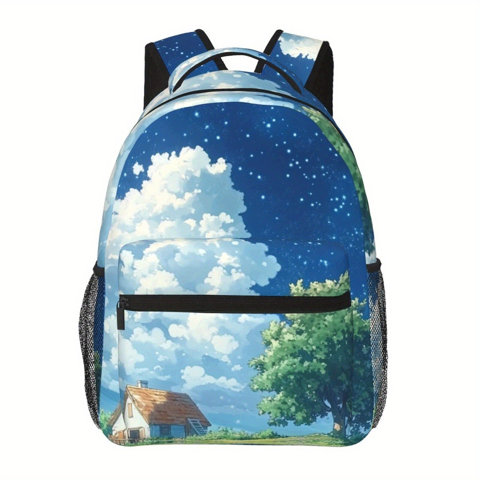 Village Pattern Backpack with Waist Protection for Laptop
