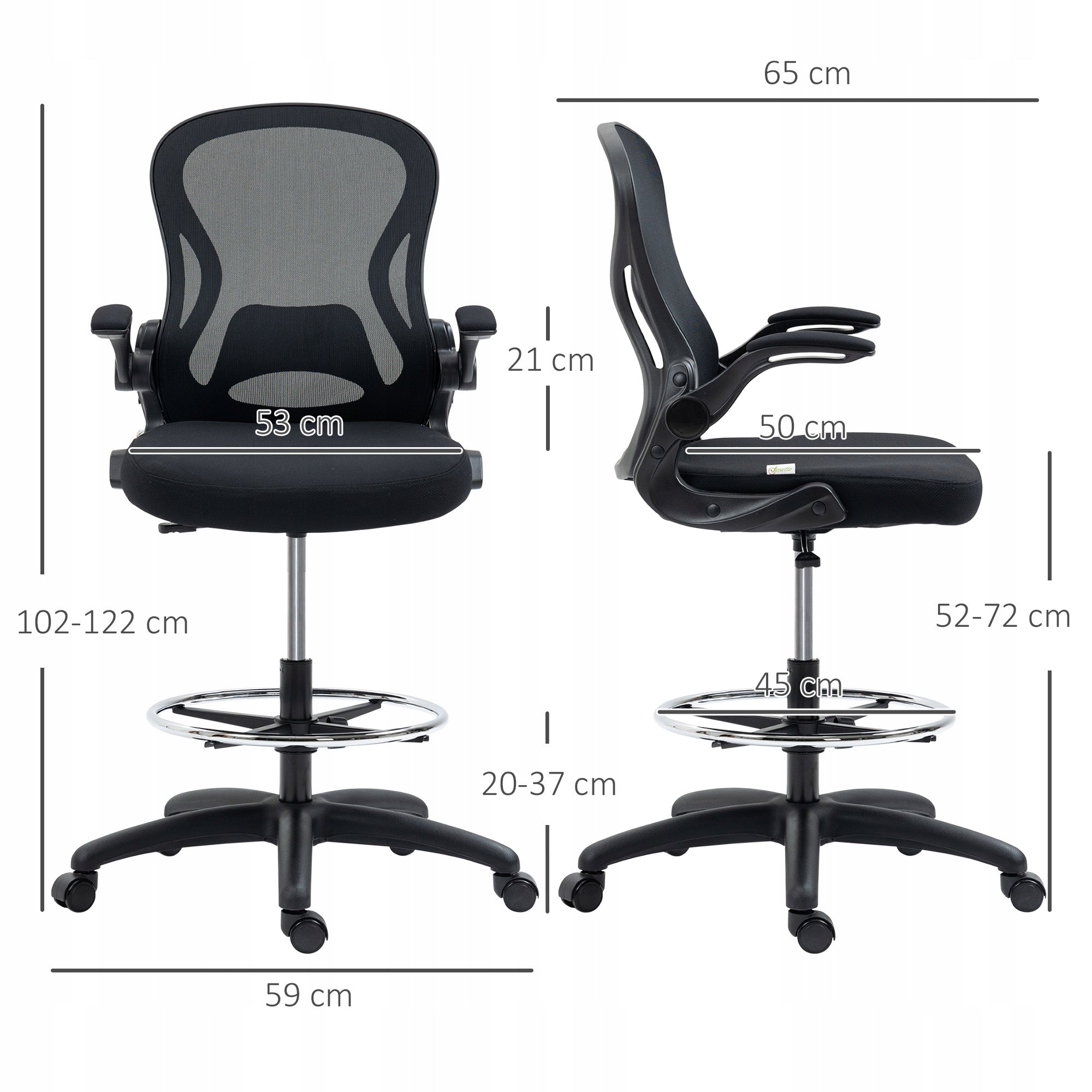 Vinsetto Ergonomic Office Chair with Armrests Adjustable Black Furniture depth 65 cm