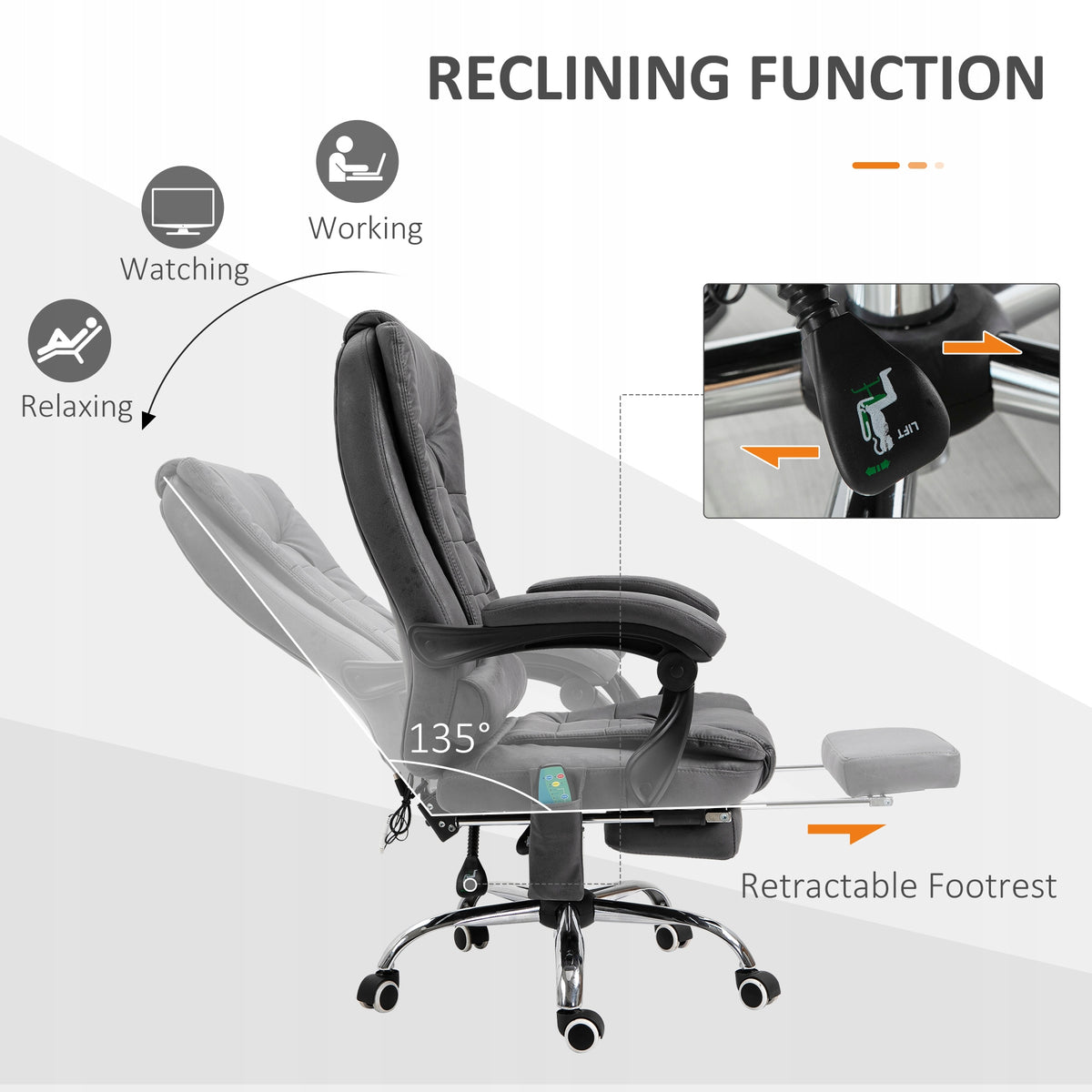 Vinsetto Office Chair with Massage Function, Ergonomic, 65x160x104cm, Grey Furniture depth 70 cm