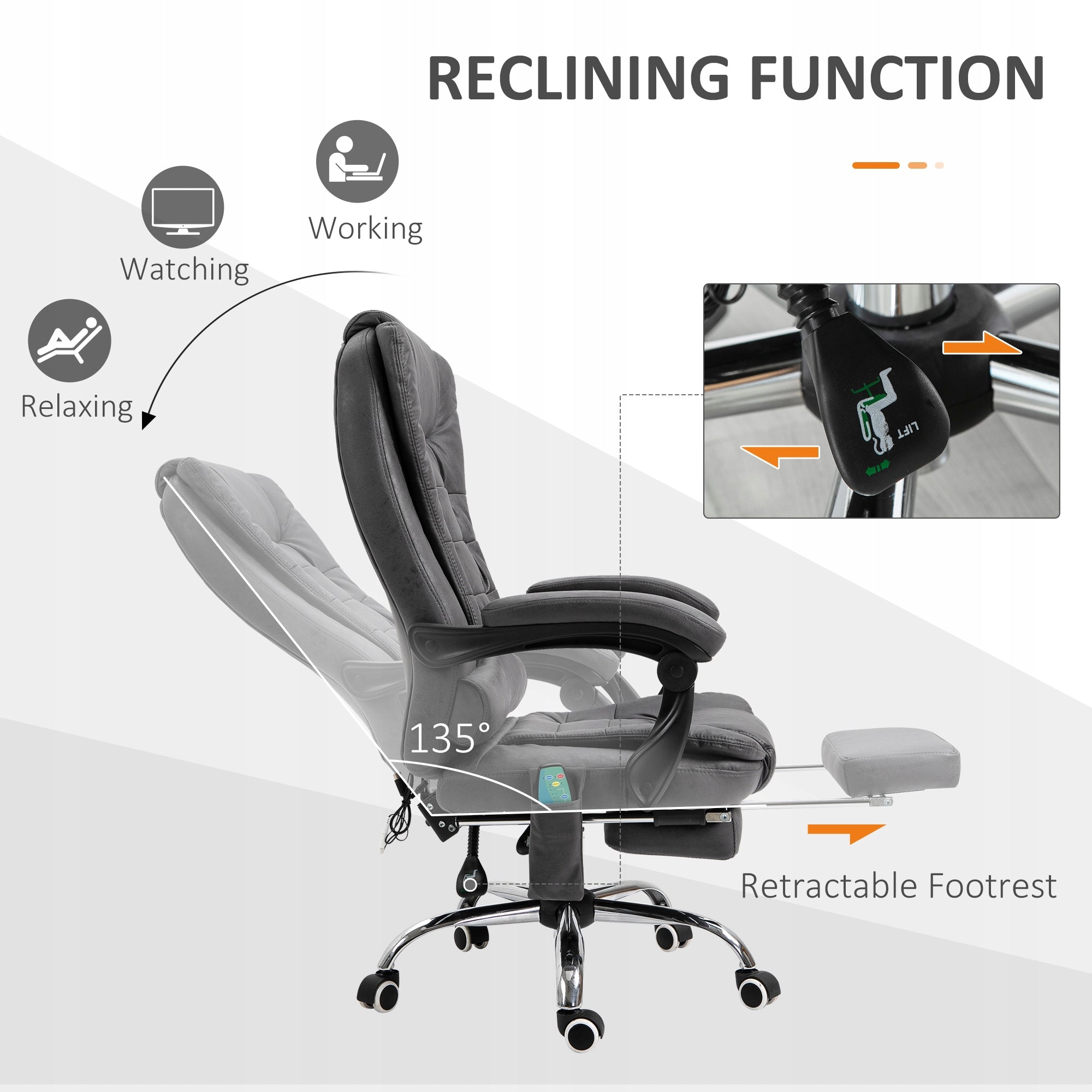 Vinsetto Office Chair with Massage Function, Ergonomic, 65x160x104cm, Grey Furniture depth 70 cm