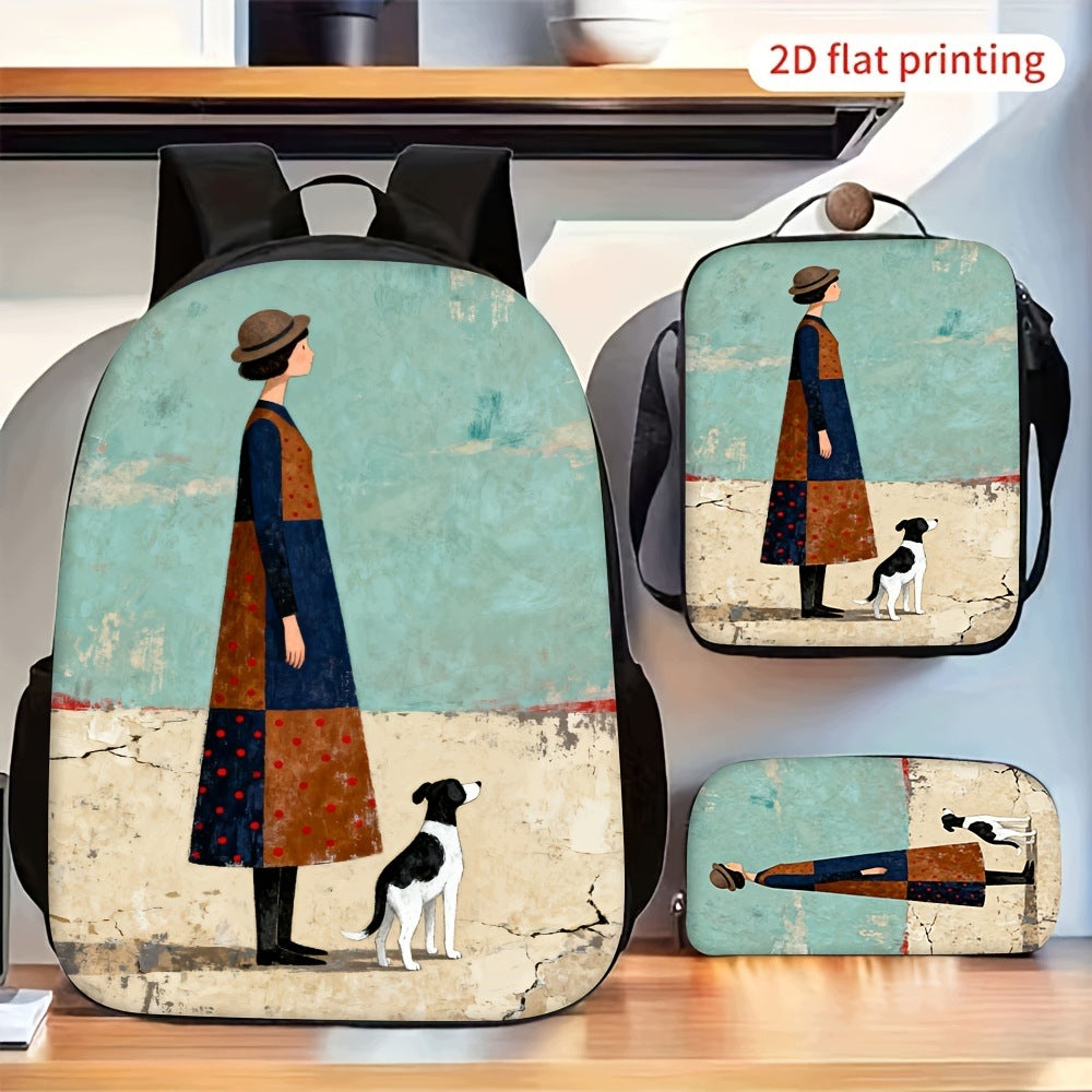Vintage Art Woman Dog Pattern Backpack Set - Includes Crossbody Bag & Pencil Pouch