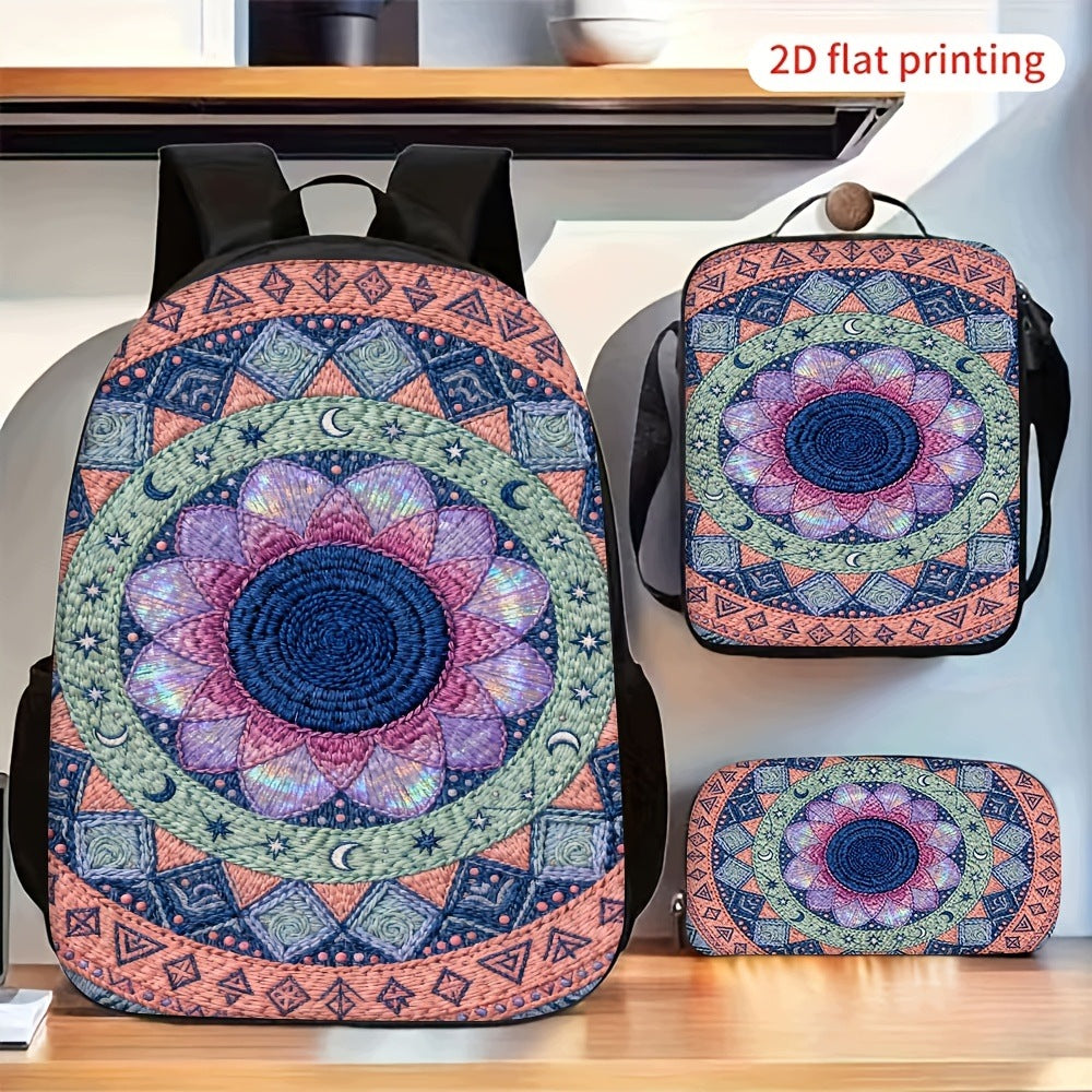 Vintage Bohemian Mandala Flower Pattern 3-Piece Retro Backpack Set