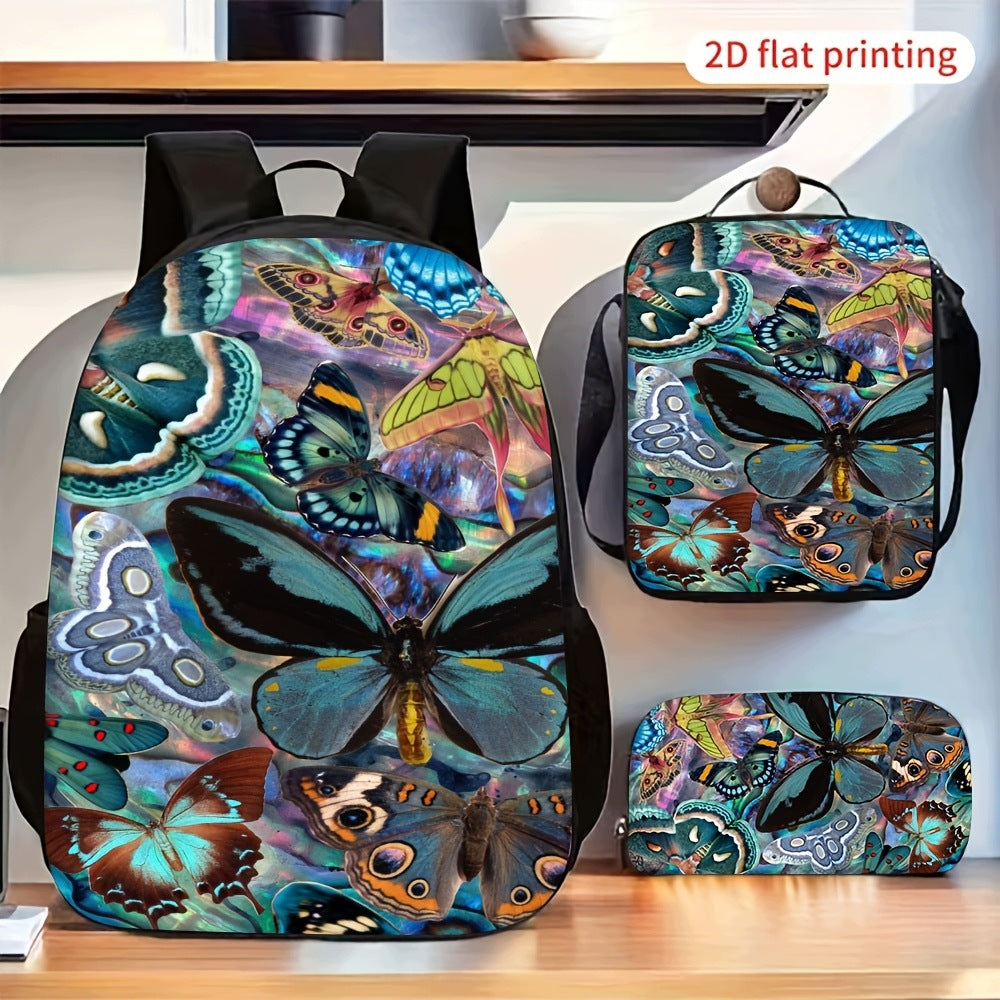 Vintage Butterfly Print Lightweight 3-Piece Backpack & Crossbody Set