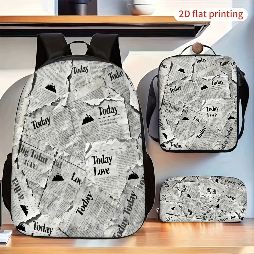 Vintage Collage Newspaper 3-Piece Backpack Set with Crossbody Bag and Pencil Pouch