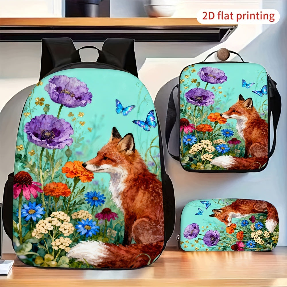Vintage Fox Purple Wild Flower Print 3-Piece Daily Backpack Set
