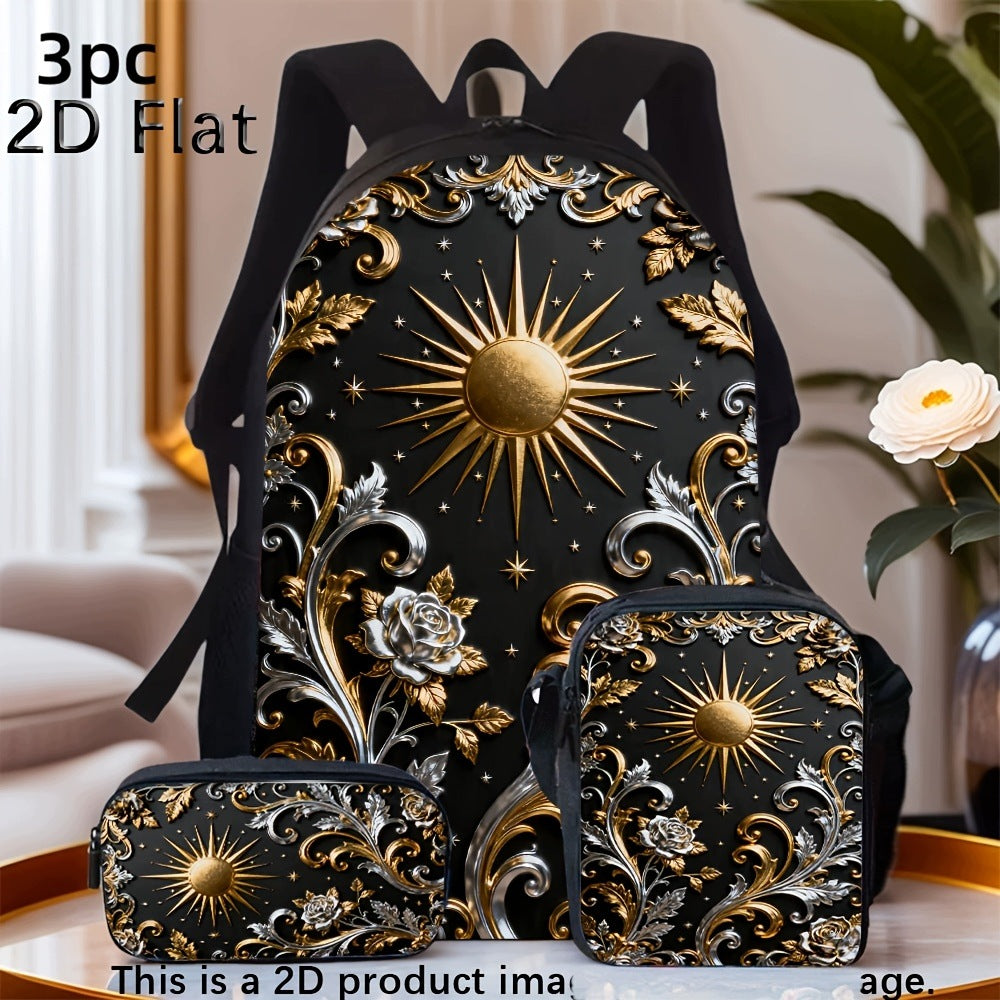 Vintage Golden Sunflower Scroll Pattern Backpack Set with Pouch