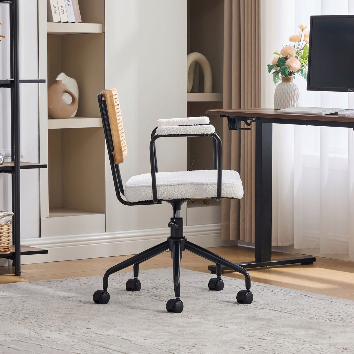 Vintage Rattan Office Chair on Wheels Ivory Furniture depth 58.5 cm