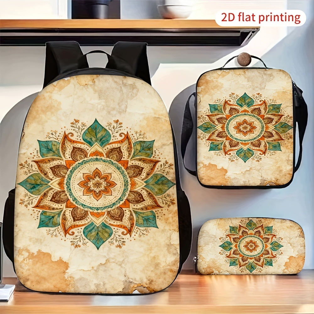 Vintage Retro Mandala Flower Pattern 3-Piece Backpack Set