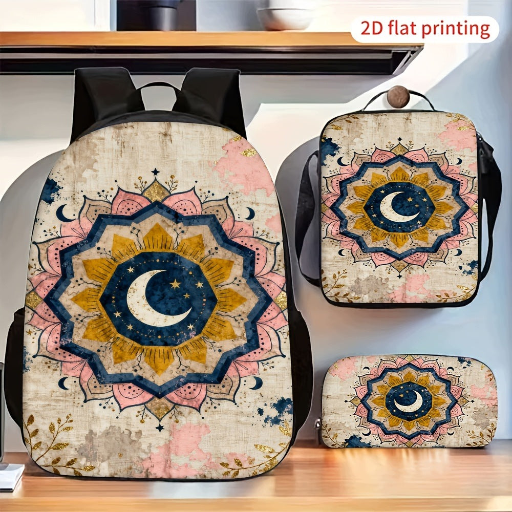 Vintage Retro Moon Mandala Bohemian Backpack Set Shoulder Bag Pencil Case