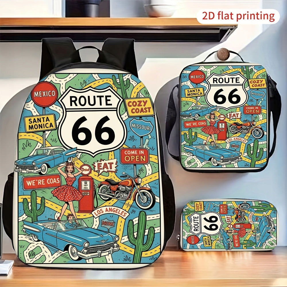 Vintage Route 66 Road Trip Graphic 3-Piece Backpack Set