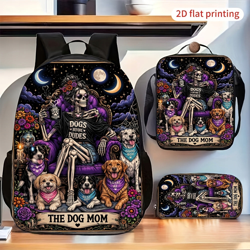 Vintage Skeleton Dog Mom 3-Piece Backpack Set with Lunch Bag and Pencil Case