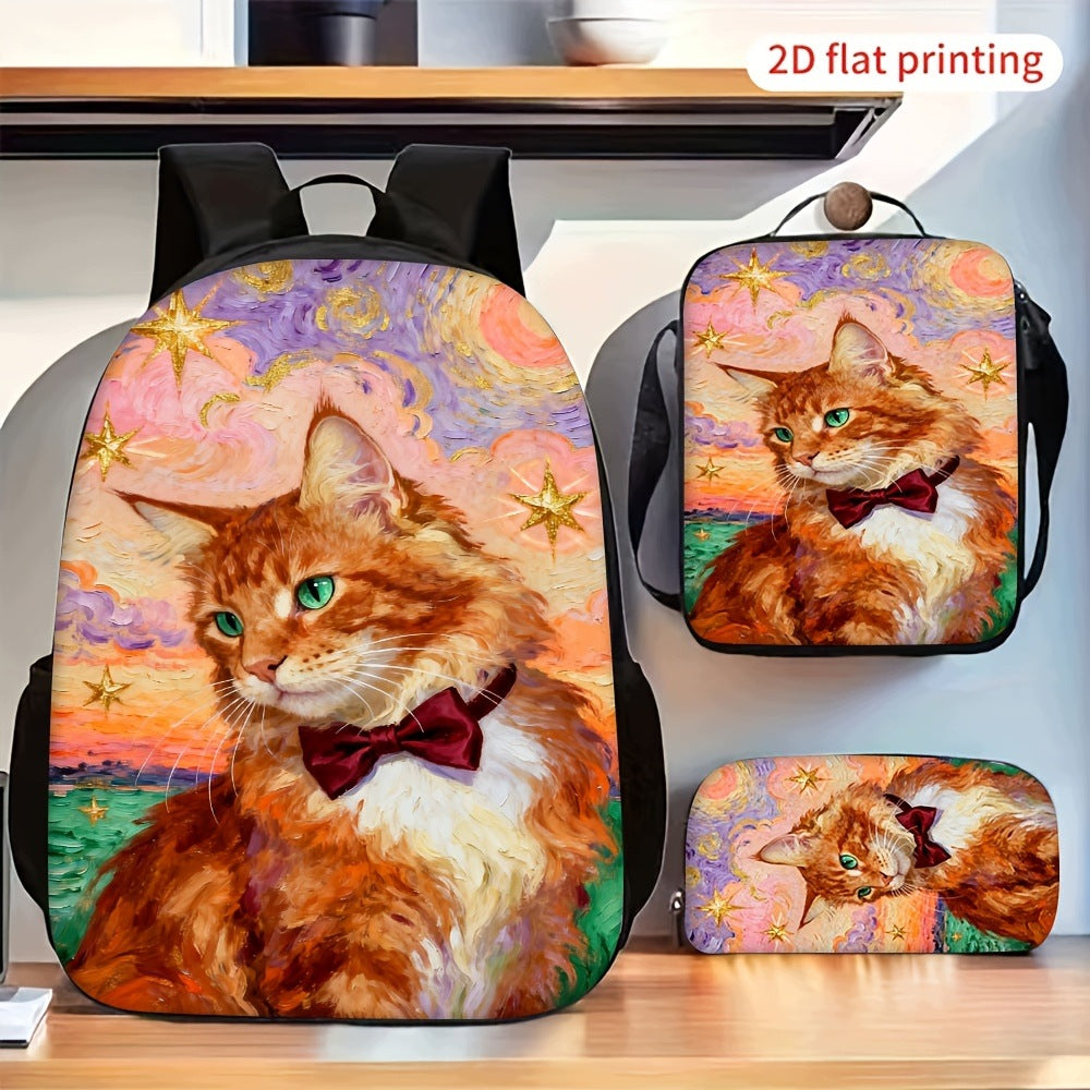 Vintage Starry Sky Oil Painting Orange Cat Bow Tie 3-Piece Backpack Set