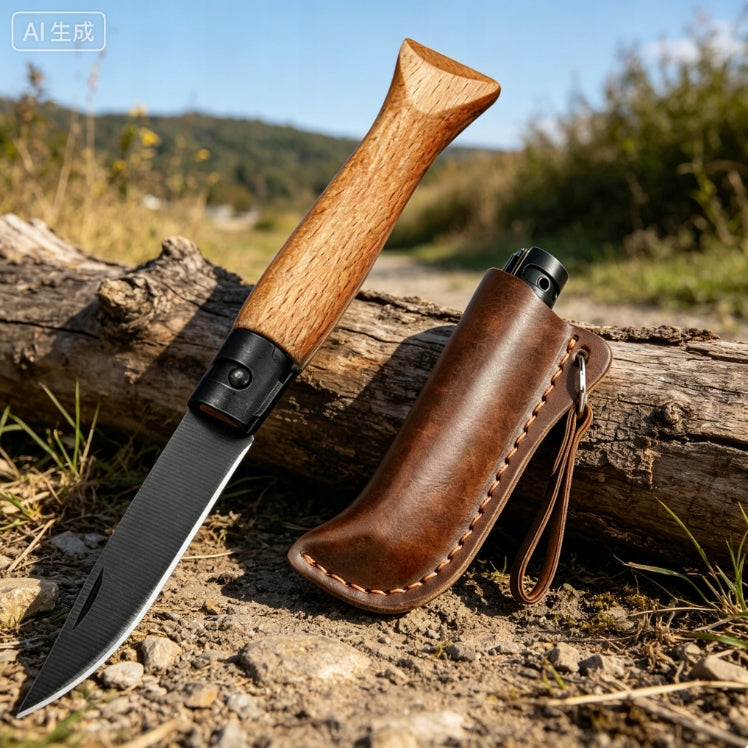 Vintage Wood Folding Pocket Knife, Sharp EDC Camping with Leather Sheath Packaging status original