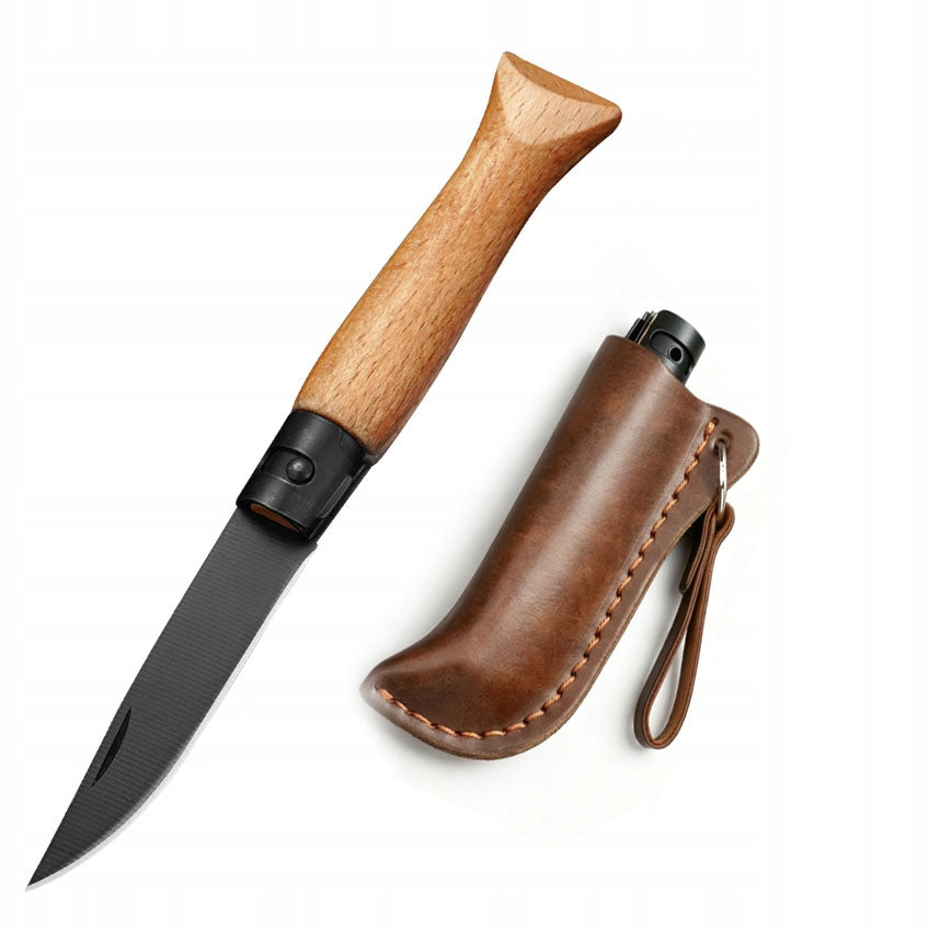 Vintage Wood Folding Pocket Knife, Sharp EDC Camping with Leather Sheath