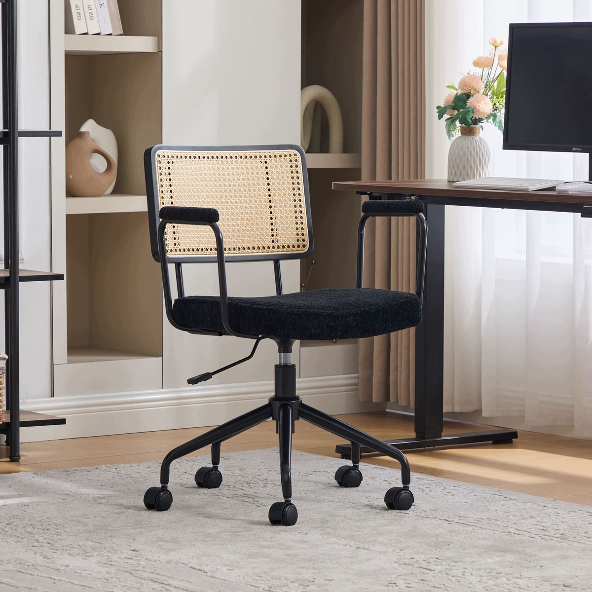 Vintage rattan office chair on wheels black Furniture depth 58.5 cm