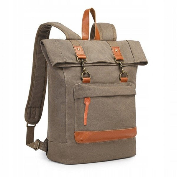 Vintage travel backpack Kono beige canvas large capacity with leather