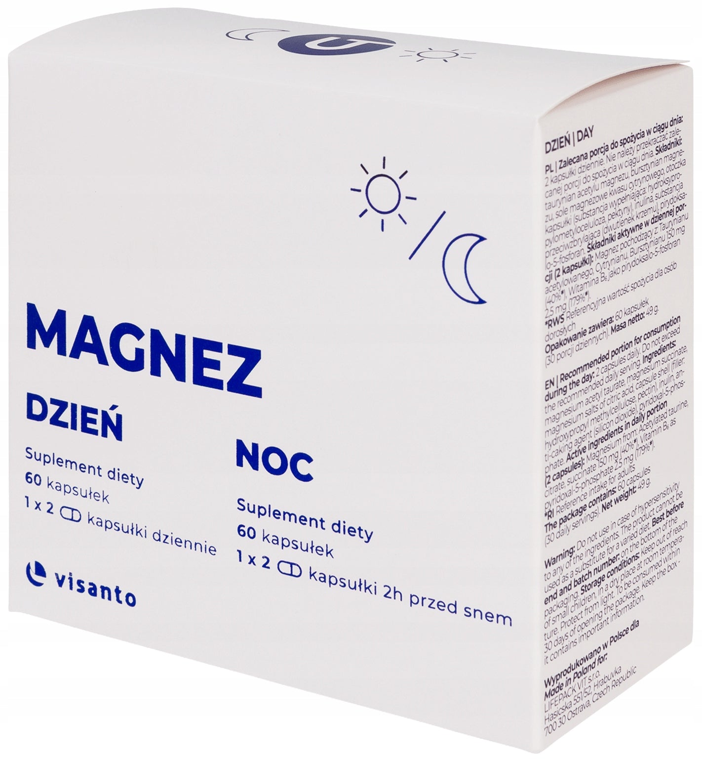Visanto MAGNESIUM DAY AND NIGHT Magnesium glycinate VITAMIN B6 MELATONIN 120caps Packaging status original