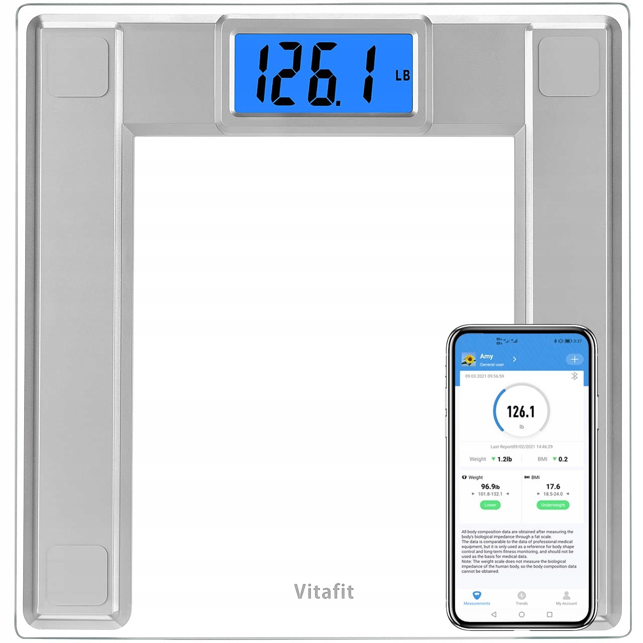 Vitafit smart bathroom scale 250 kg tempered glass 005 kg silver