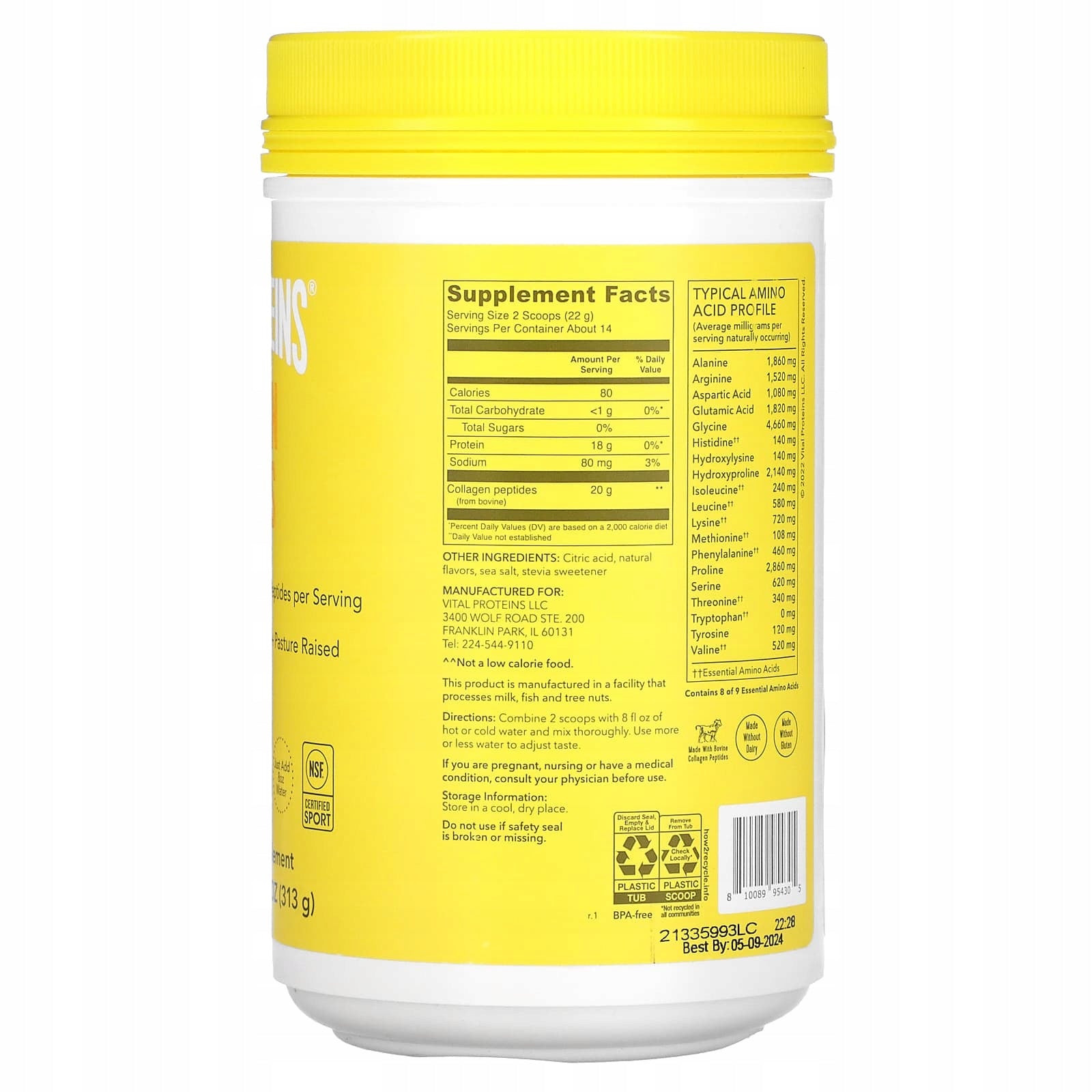 Vital Proteins, Collagen Peptides, lemon, 313 g Expiration date at least 3 months from the date of purchase