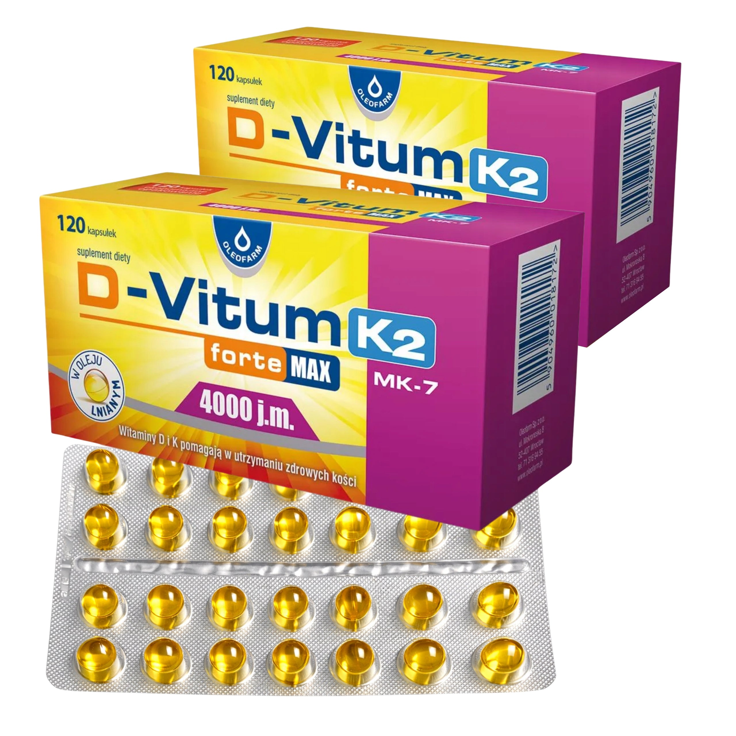 Vitamin D and K D-Vitum forte Max K2 4000 IU D3 Oleofarm Supplement 2x120 kap