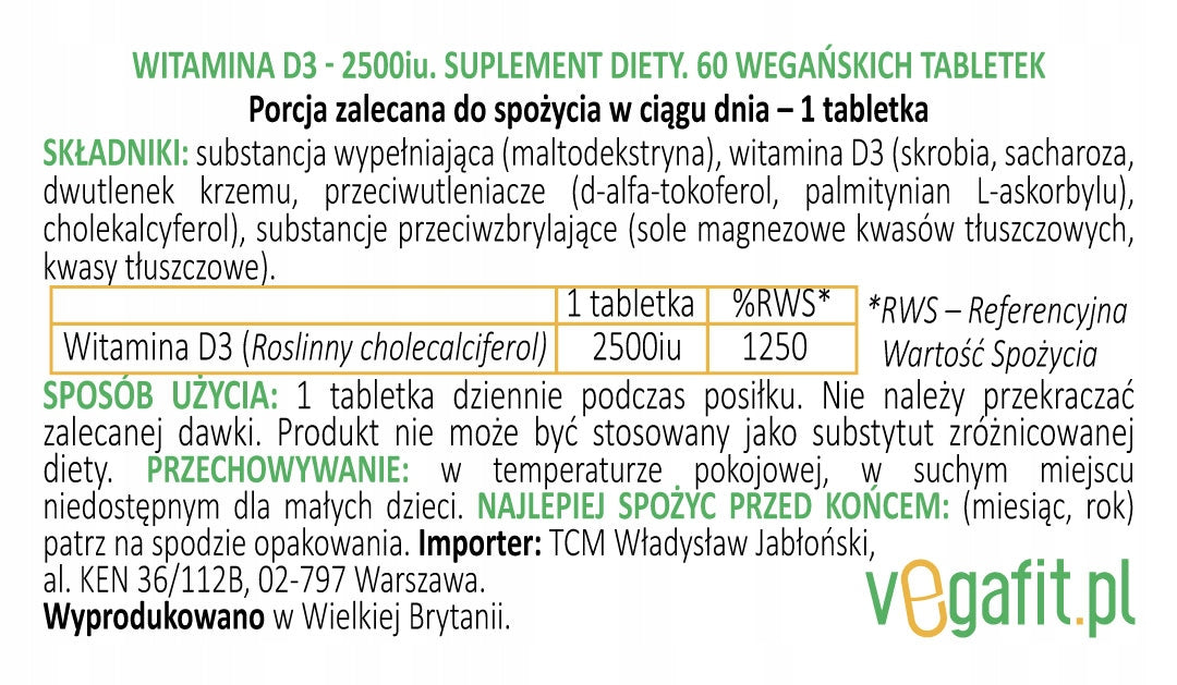 Vitamin D3 2500iu large dose 60tab WEGE Vegetology Brand Vegetology