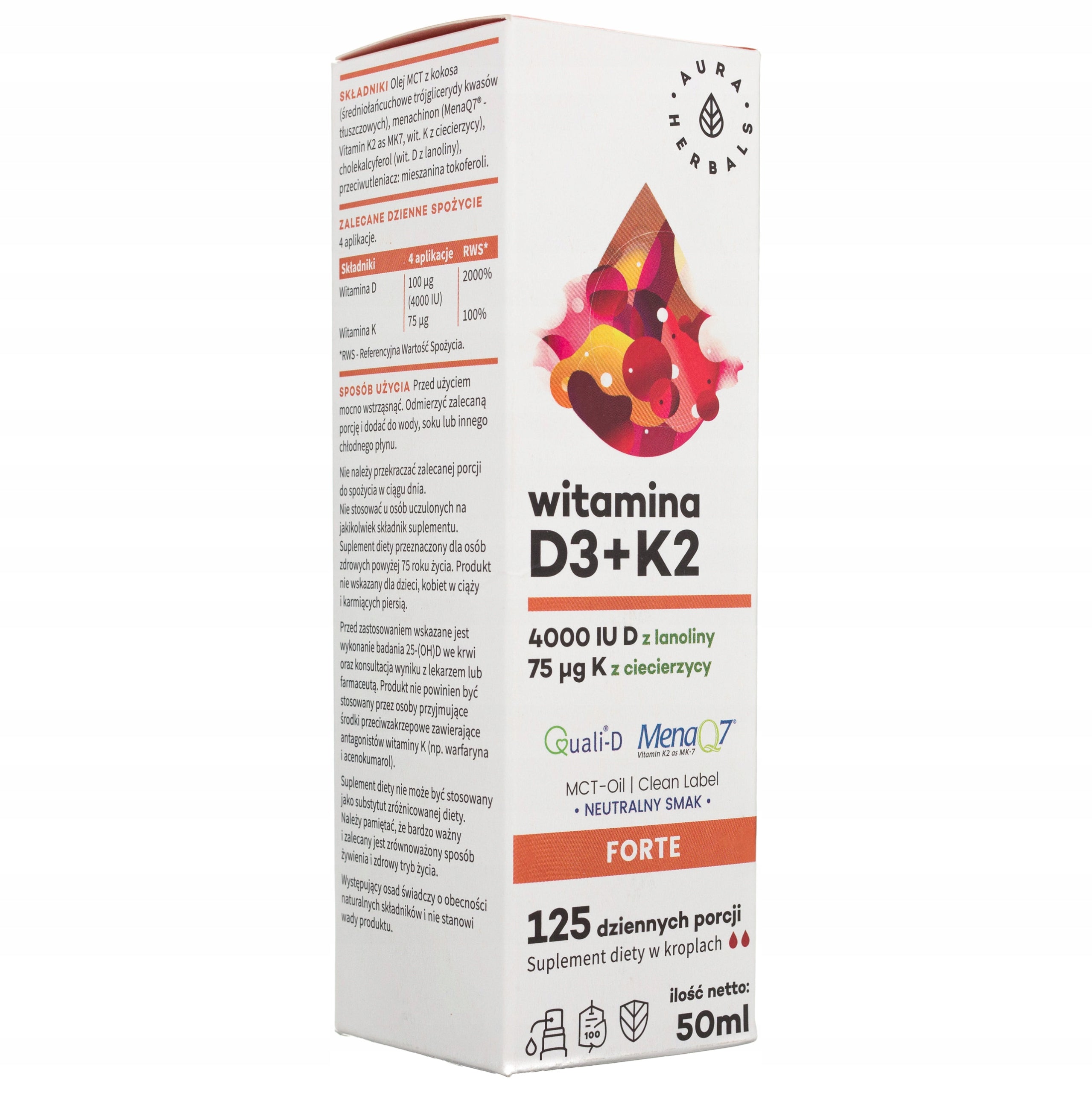 Vitamin D3 4000IU K2 MK7 Forte Aura Drops Immunity Healthy Teeth 50 ml Packaging status original