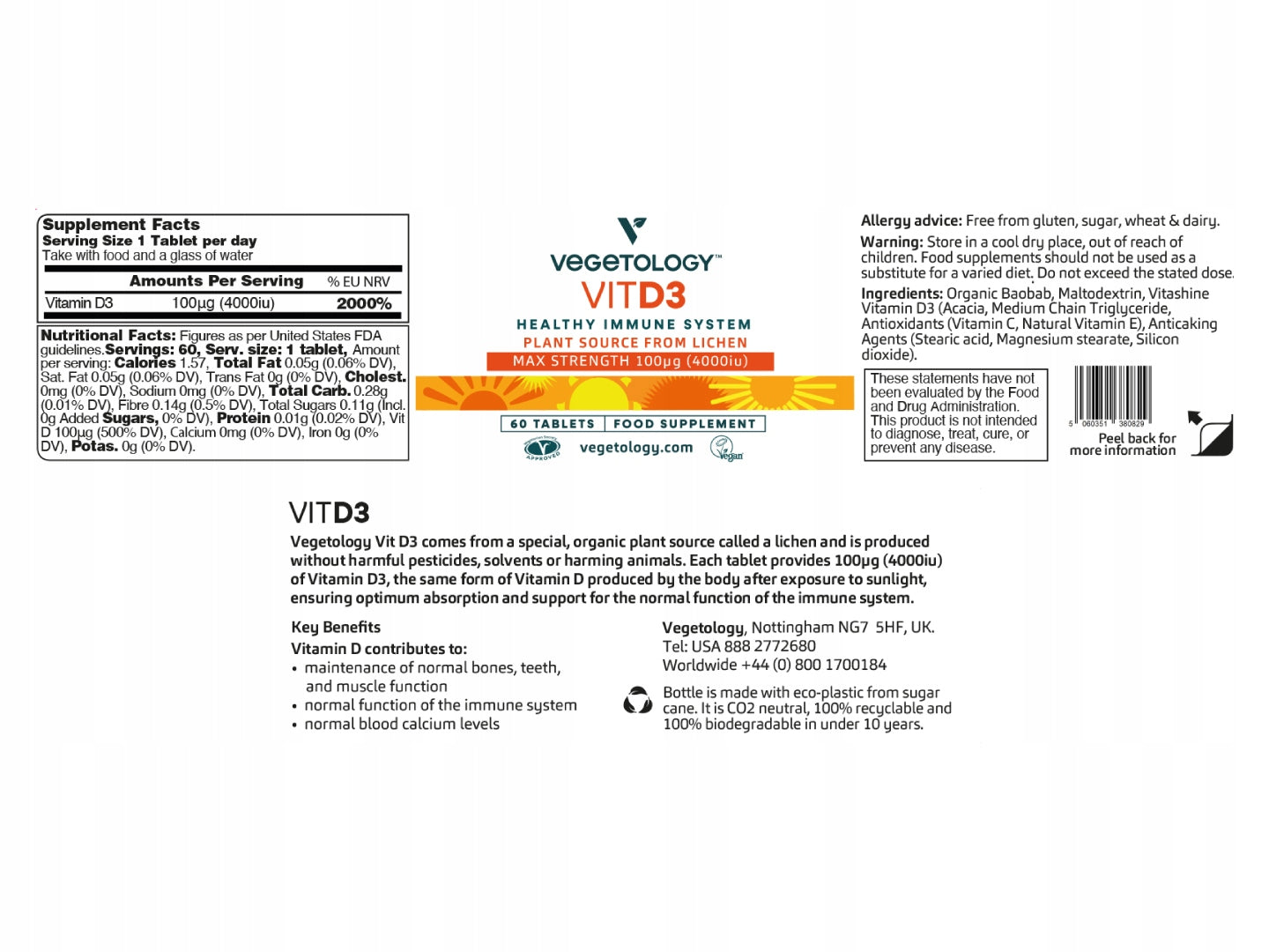 Vitamin D3 4000iu 60tab Vegetology VEGE BONE MUSCLE Brand Vegetology
