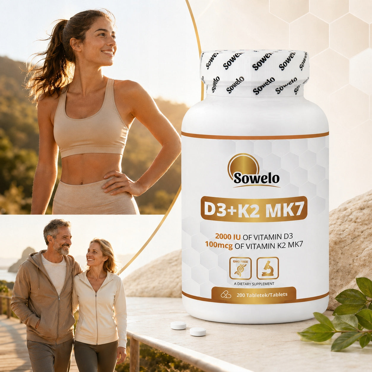 Vitamin D3 + K2 MK7 200 Tablets – Bones, Heart, Immunity – Sowelo Name other