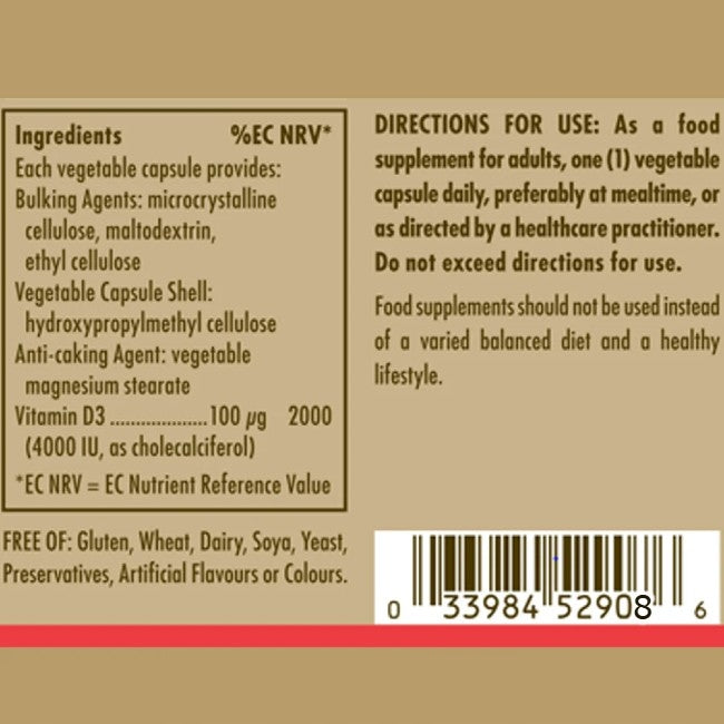 Vitamin D3 (cholecalciferol) 4000 IU (100 mcg) 120 vegetable capsules Packaging status original