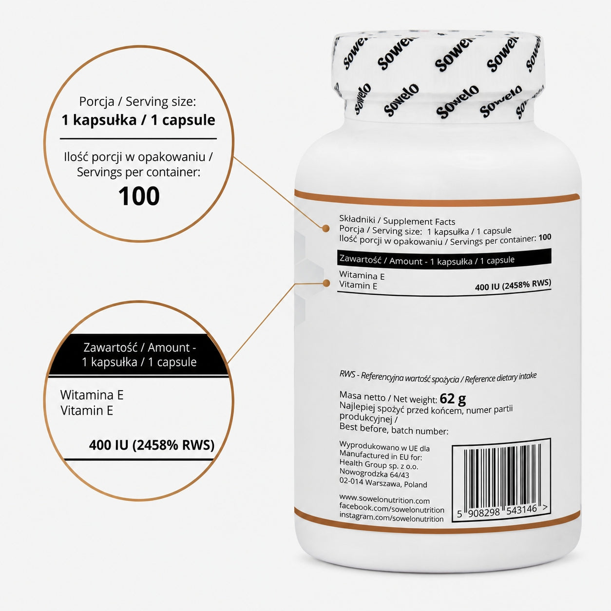 Vitamin E Natural 400 IU 100 Kaps – Skin, Heart, Antioxidant – Sowelo Manufacturer code SVE_01