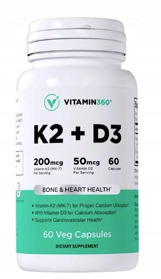 Vitamin K2 200 mcg + D3 2000IU 60 vege capsules * VIT360* USA