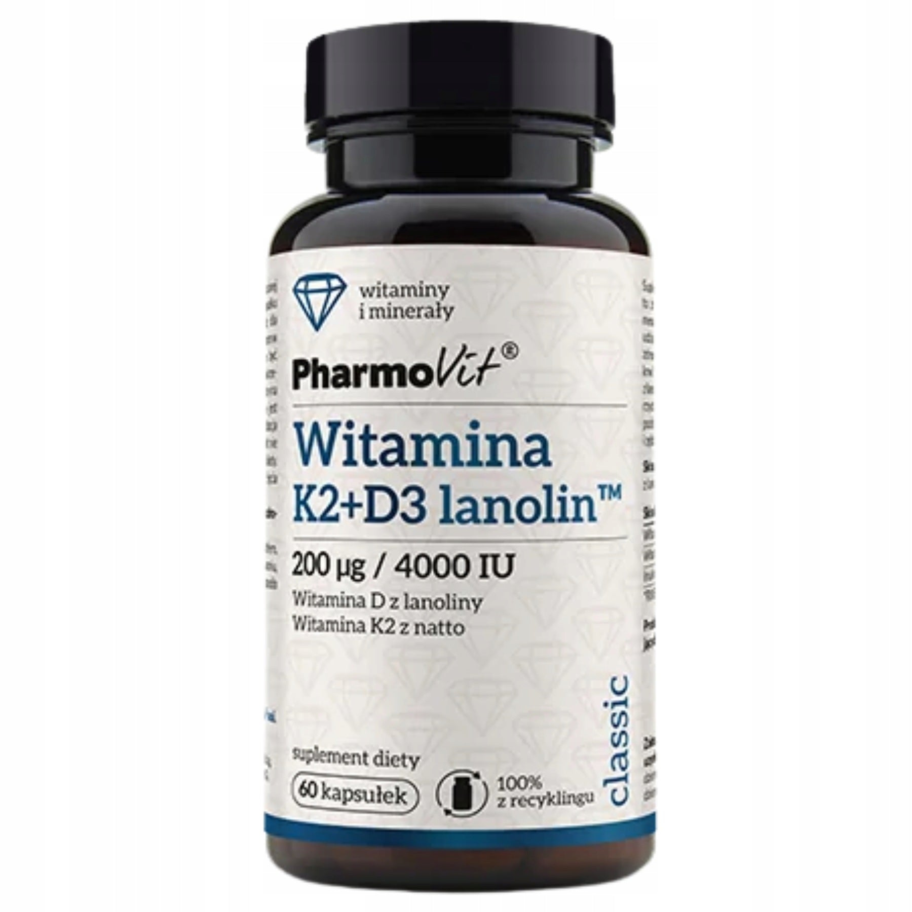 Vitamin K2 200 mcg + D3 4.000 IU lanolin Supplement PharmoVit 60 capsules Packaging status original