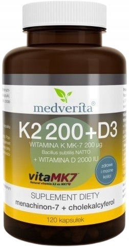 Vitamin K2 MK-7 200 ug+ D3 2000IU 120 capsules Blood clotting Medverita