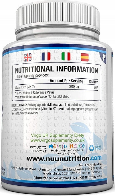Vitamin K2 MK7 200 mcg 365 Tablets for Vegans Effective Top Quality Brand Nu U Nutrition