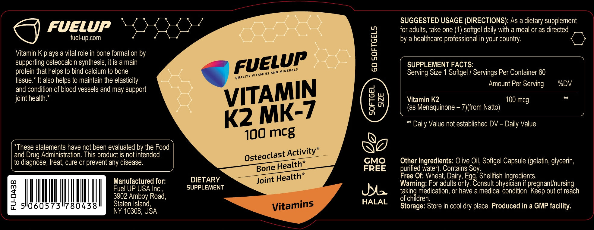 Vitamin K2 MK7 Fuel-Up 100 mcg, 60 caps BLOOD CLOTTING HEALTHY BONES Manufacturer code FU-0445