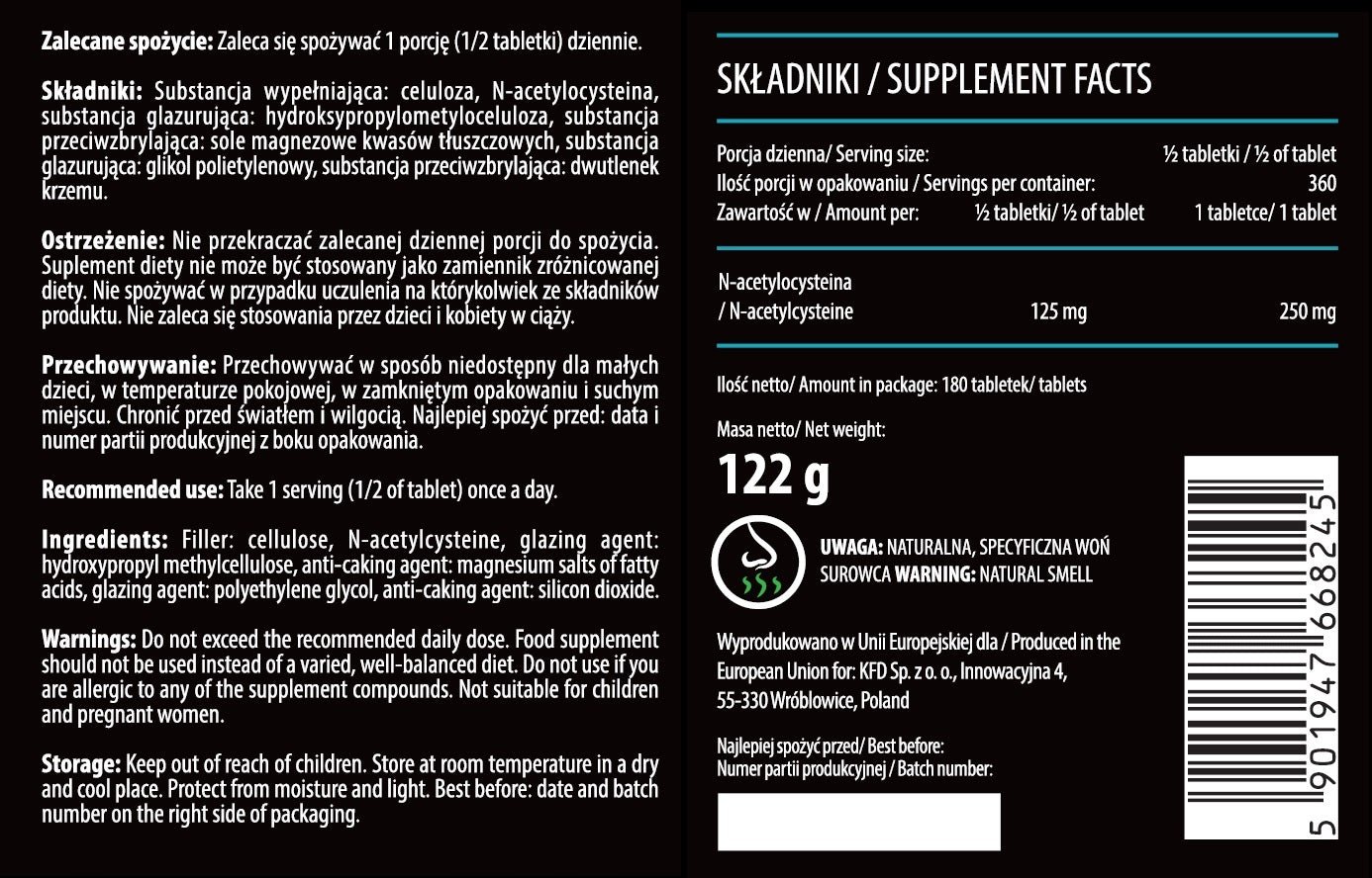 Vitamins Tablets KFD NAC N-Acetylcysteine 180 Tablets 125g Regeneration EAN (GTIN) 5901947668245