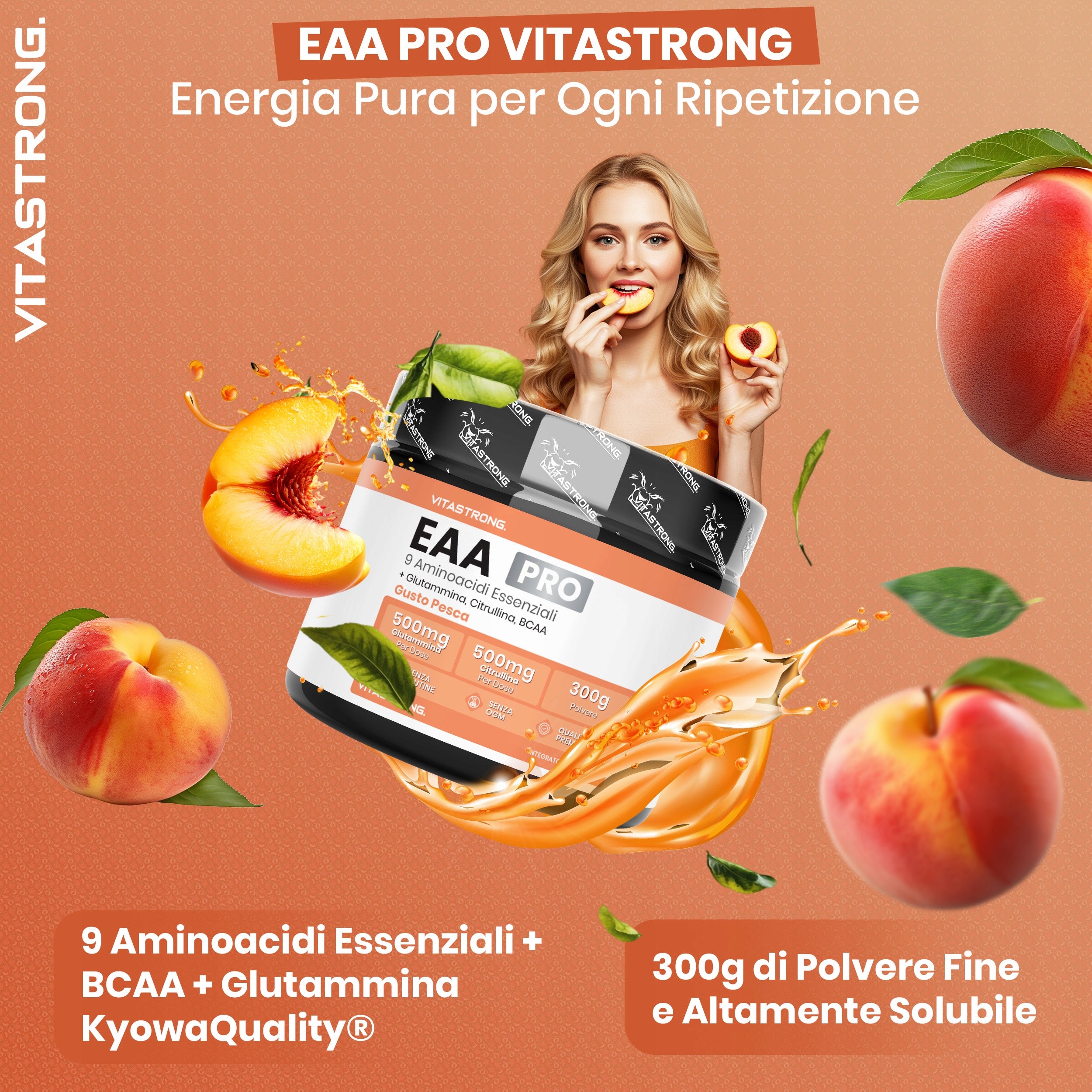 Vitastrong EAA PRO 300g Peach Muscle Recovery Amino Acids Packaging status original