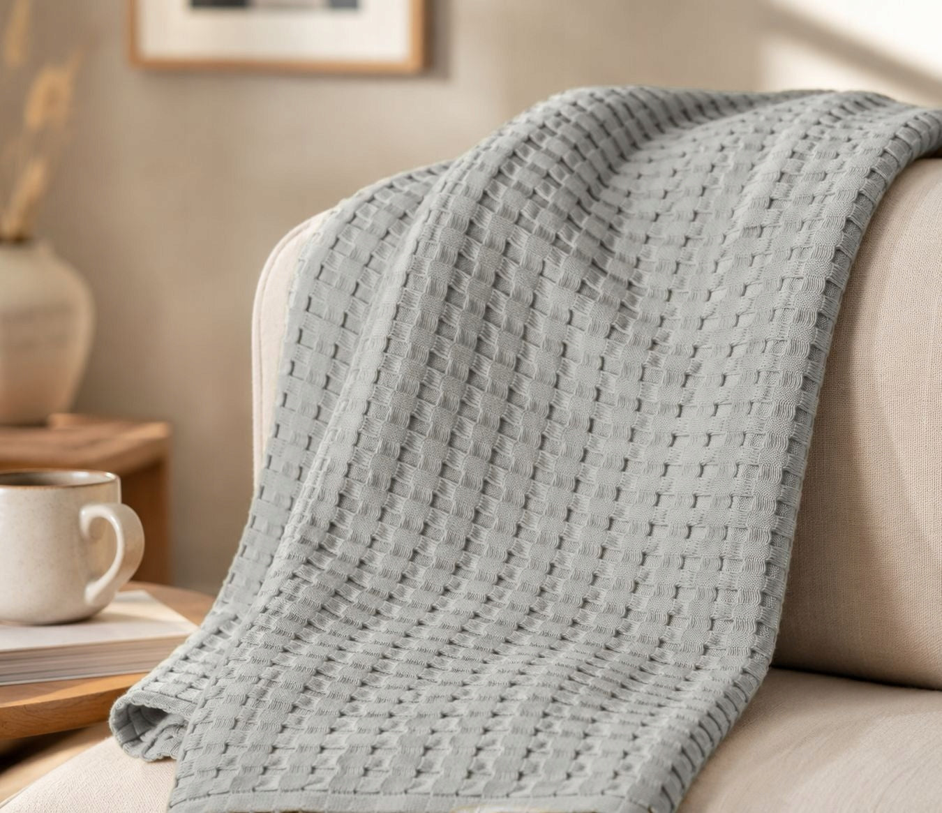 WAFER Blanket 100% COTTON 150x200cm light grey PREMIUM Brand MEBLE ODNOWA