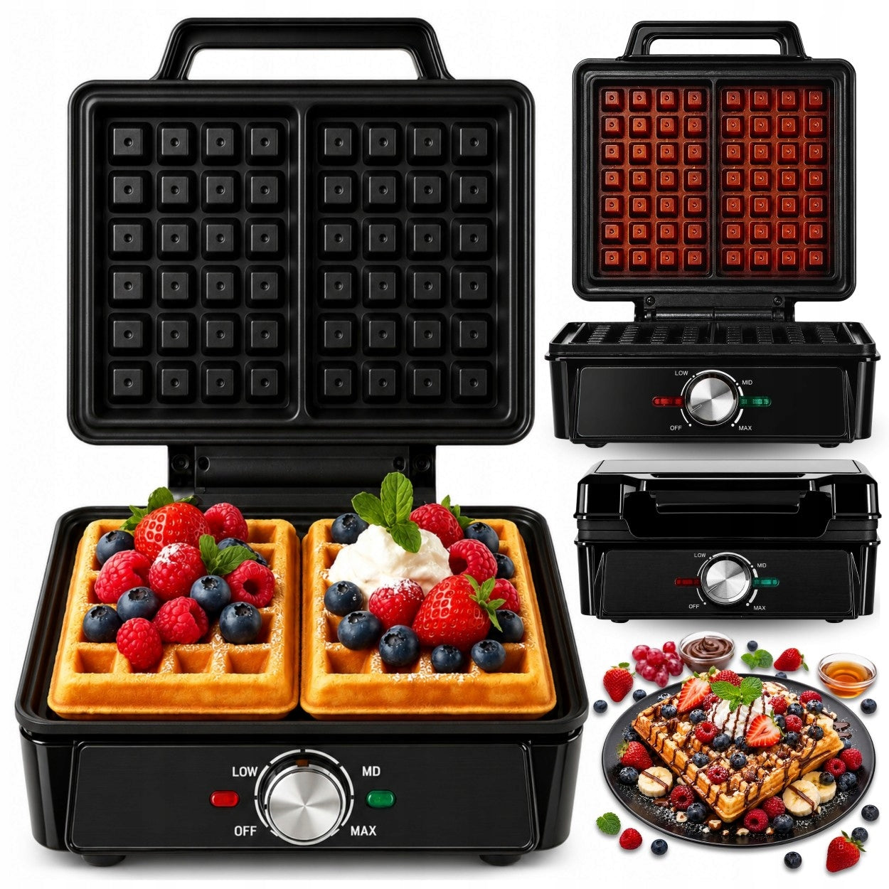WAFFLE IRON 2000W WAFFLE TOASTER TEMPERATURE CONTROL BLACK NON-STICK