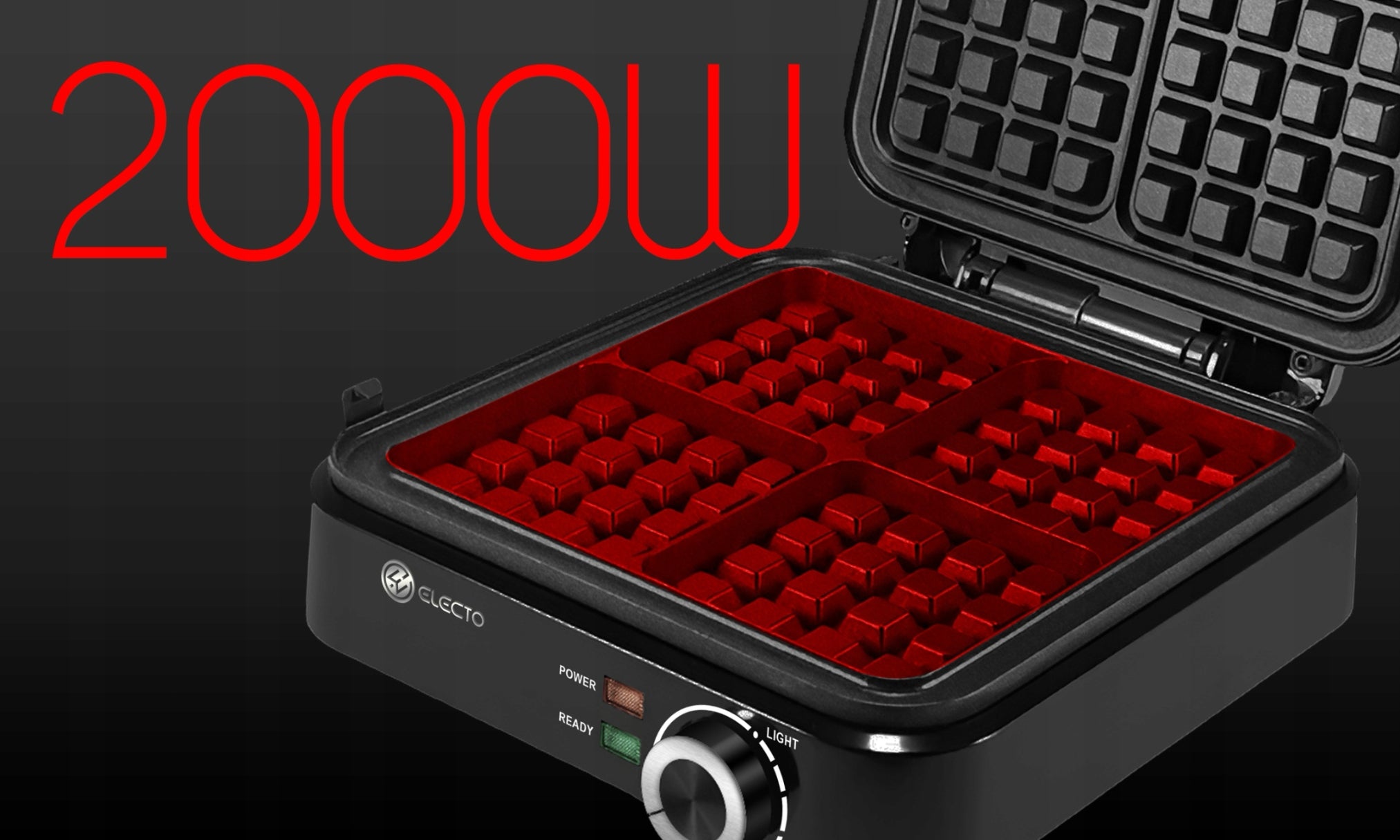 WAFFLE IRON 4 LARGE WAFFLES 2000W TEMPERATURE CONTROL NONSTICK PLATES Brand Electo
