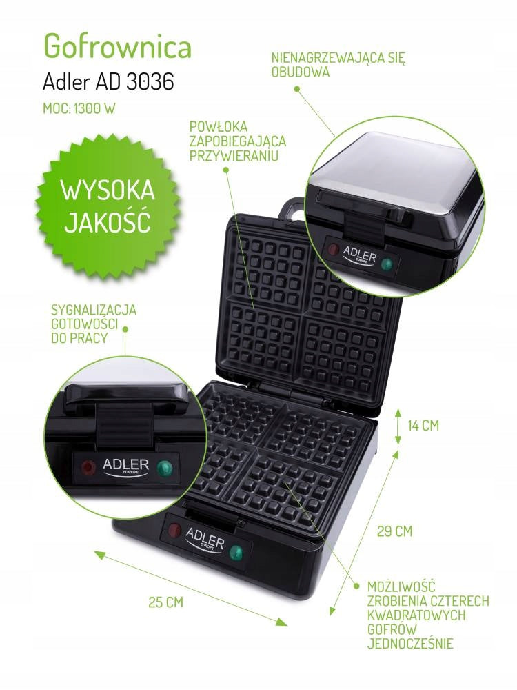 WAFFLE IRON ADLER AD 3036 1500W 4 WAFFLES SAFE HOLDER INDICATOR LIGHTS Packaging status original