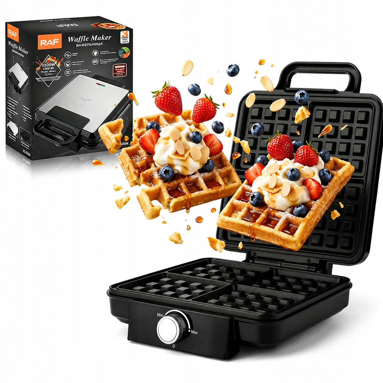 WAFFLE IRON FOR 4 LARGE WAFFLES TEMPERATURE AND BAKING DEGREE CONTROL 1500W