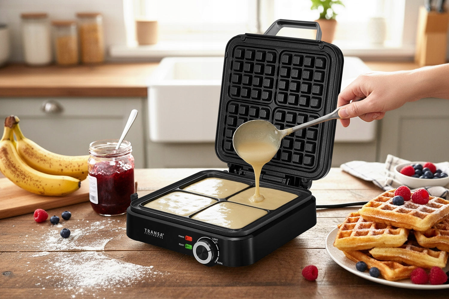 WAFFLE IRON FOR 4 LARGE WAFFLES TEMPERATURE AND BAKING DEGREE CONTROL 2200W Packaging status original