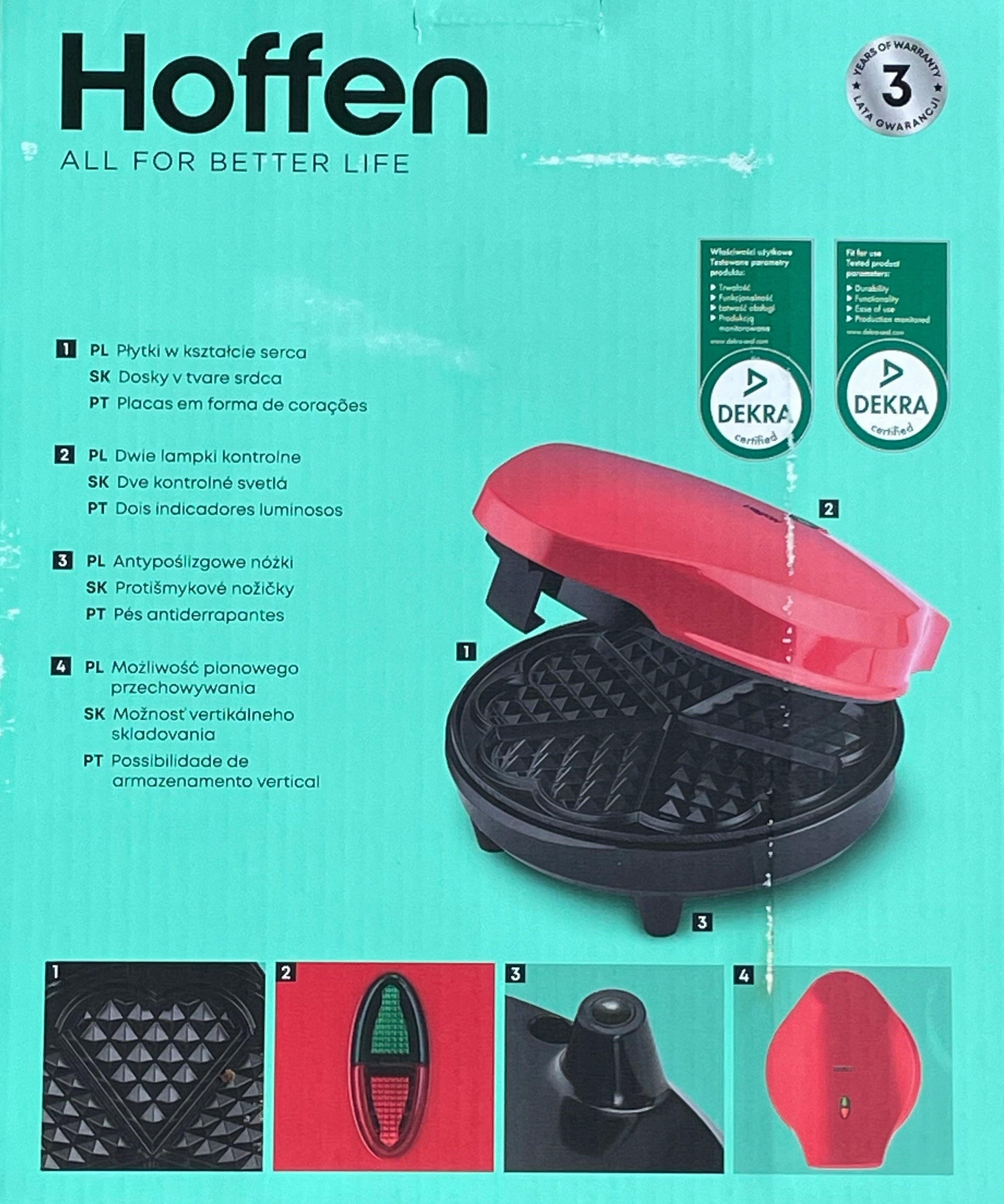 WAFFLE IRON HOFFEN 1200 IN HEART RED HEART PATTERN - 5 HEART WAFFLES Manufacturer code 5905118014657
