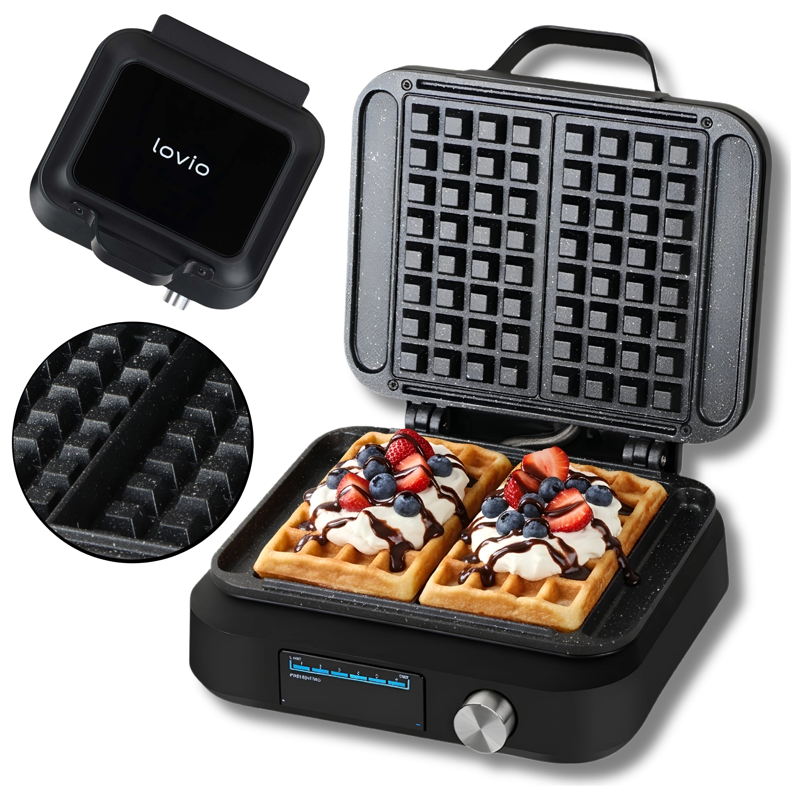 WAFFLE IRONER for 2 large waffles MARBLE COATING time adjustment STRONG 2200W