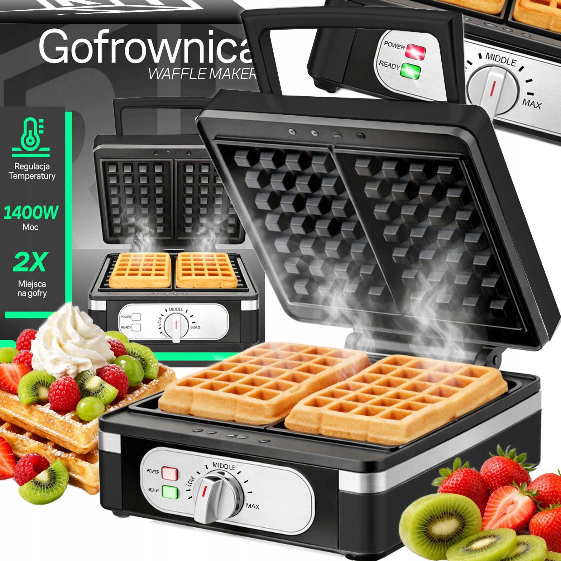 WAFFLE MAKER 1400W XXL 2 WAFFLES WITH TEMPERATURE CONTROL FLUFFY WAFFLES SOLID Power rating 1400 W