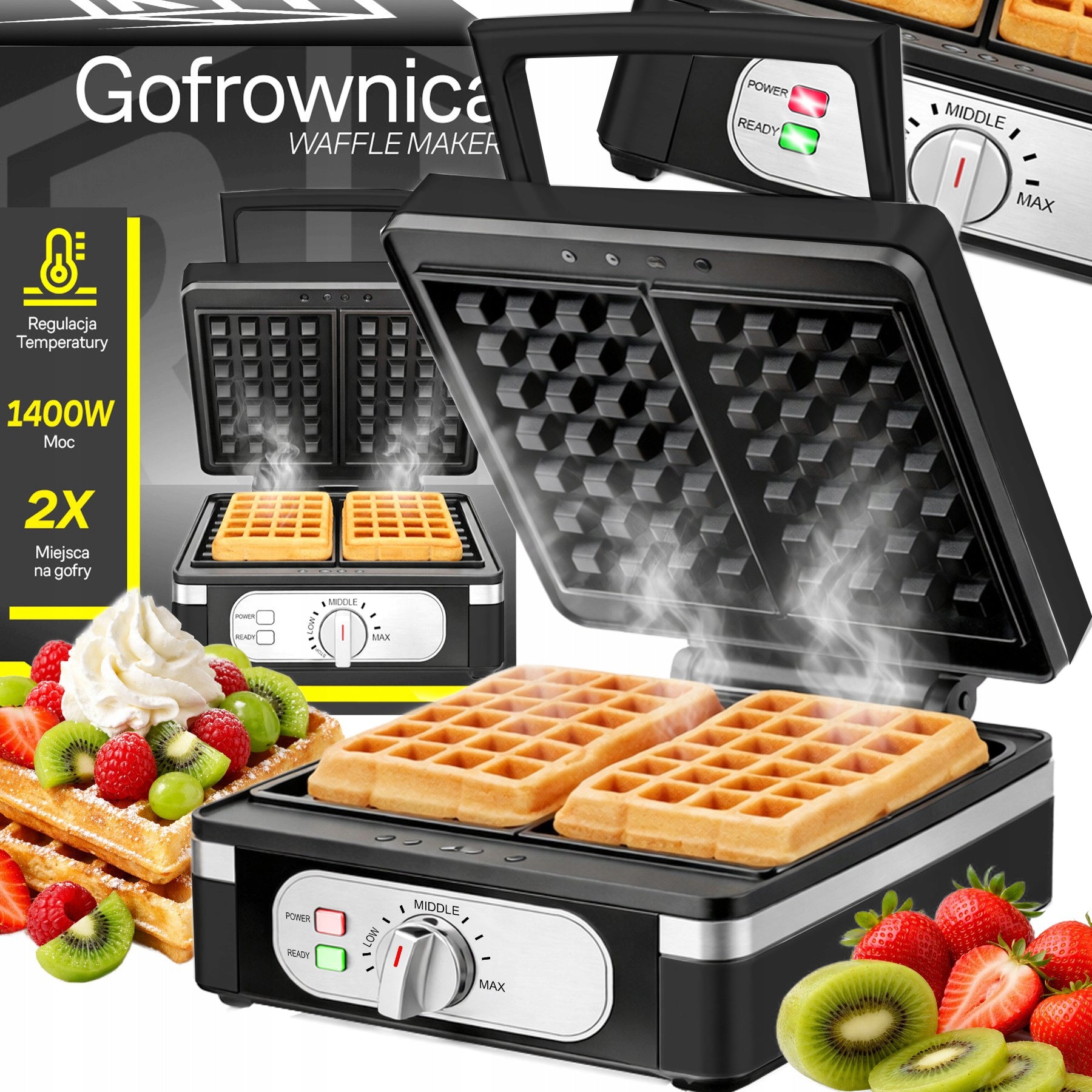 WAFFLE MAKER 1400W XXL 2 WAFFLES WITH TEMPERATURE CONTROL FLUFFY WAFFLES SOLID