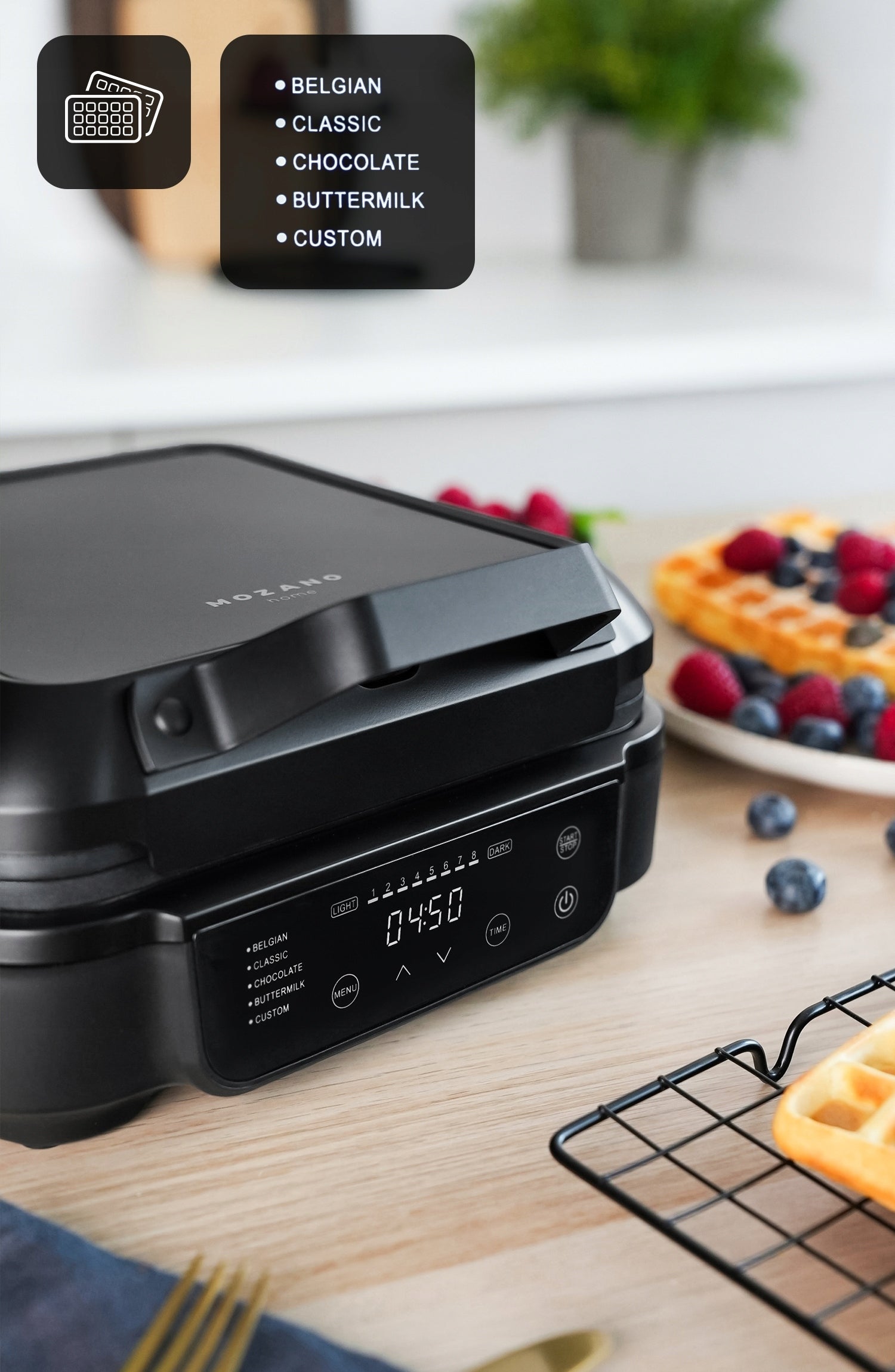 WAFFLE MAKER 2 LARGE WAFFLES 8 DEGREES BAKING 5 PROGRAMS STRONG 1500W BLACK Brand no brand
