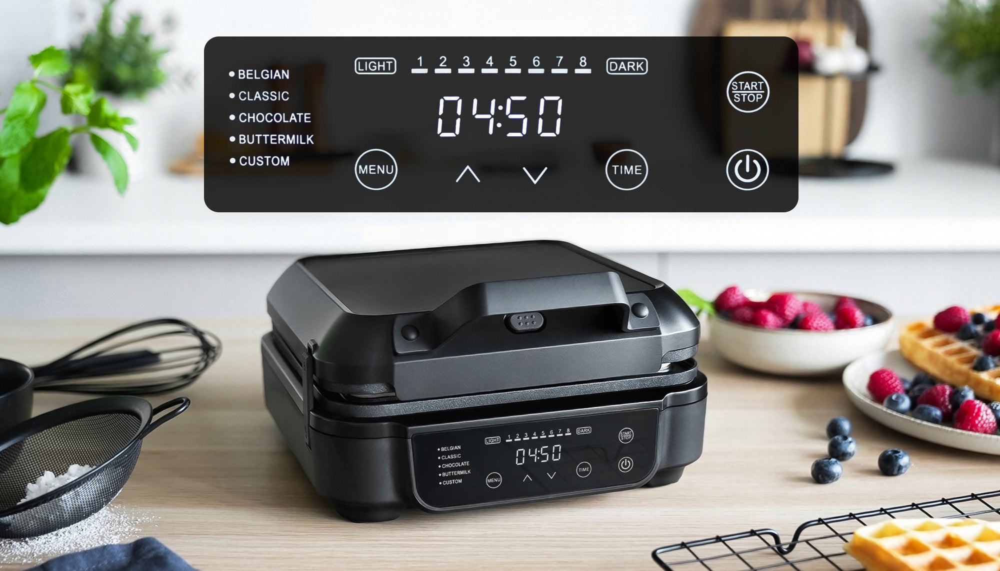 WAFFLE MAKER 2 LARGE WAFFLES 8 DEGREES BAKING 5 PROGRAMS STRONG 1500W BLACK Power rating 240 W